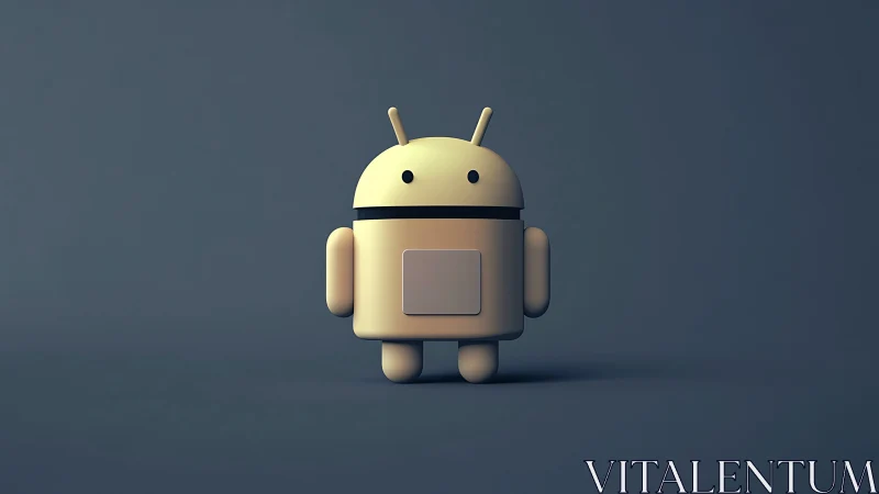 Softly lit android mascot standing in a calm blue studio.
