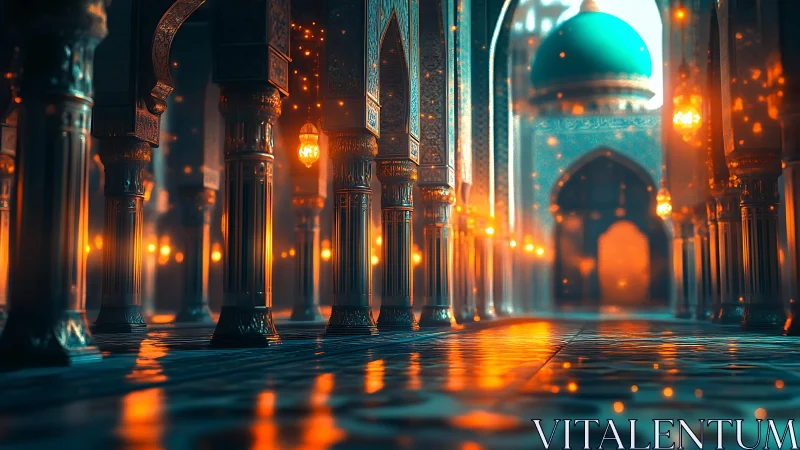 Volumetric-lit mosque arcade with glowing particles and dome