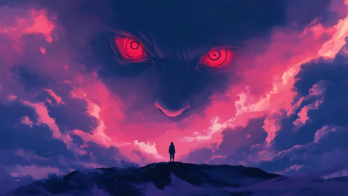 Solitary figure under ominous red-eyed storm deity in clouds