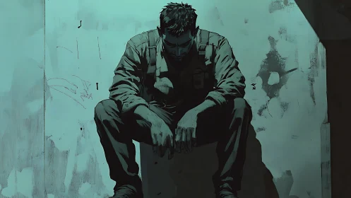 Solitary male figure seated against worn concrete wall.