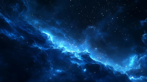 Blue luminous nebula with scattered distant starfield in space.