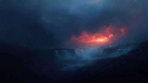 Storm-wreathed valley with crimson sky over distant spire.