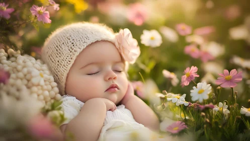 Sleeping Infant in Floral Garden Setting.