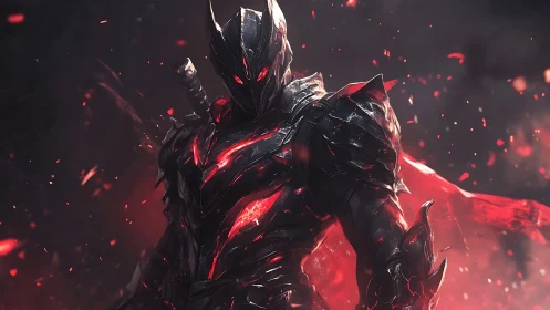 Dark infernal knight rises amid embers and swirling ash