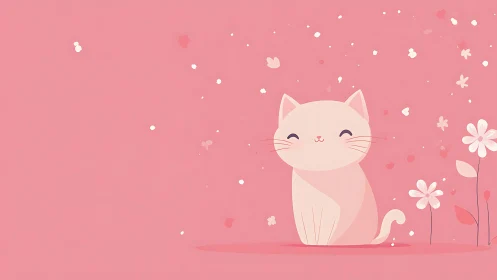 Adorable Cat Surrounded by Soft Florals Against Pink.