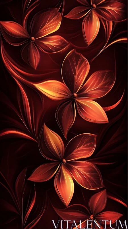Luminous red floral forms glow across dark abstract field