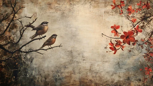 Gentle songbirds resting beside warm autumn blossoms.