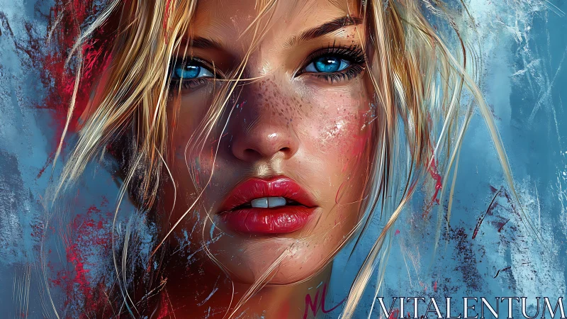 Digital close-up portrait depicts a freckled woman’s face