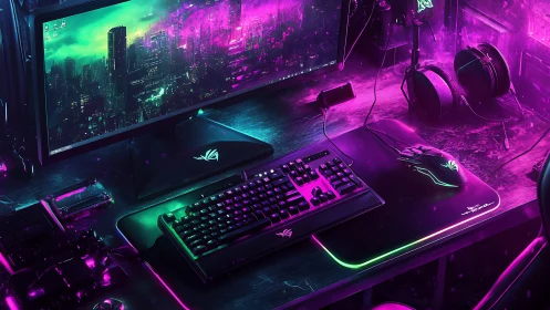 Neon-drenched battlestation hums beneath a digital night skyline