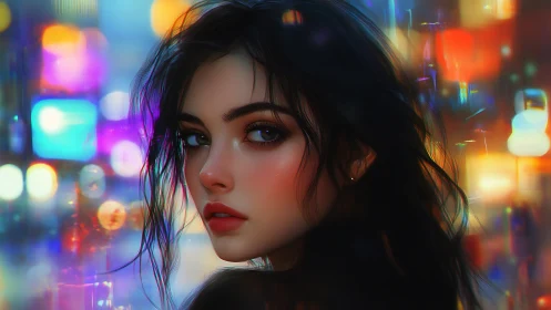Softly glowing city night portrait with dreamy neon lights.