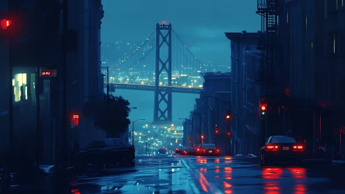 Rainy city street at night with bridge and car lights.