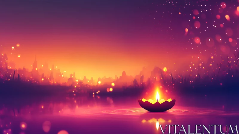 Luminous river diya with volumetric bokeh in twilight atmosphere.