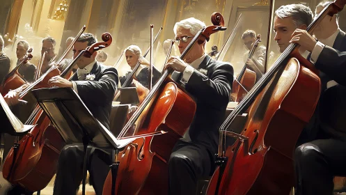 Cellists in formal orchestra performance on stage.