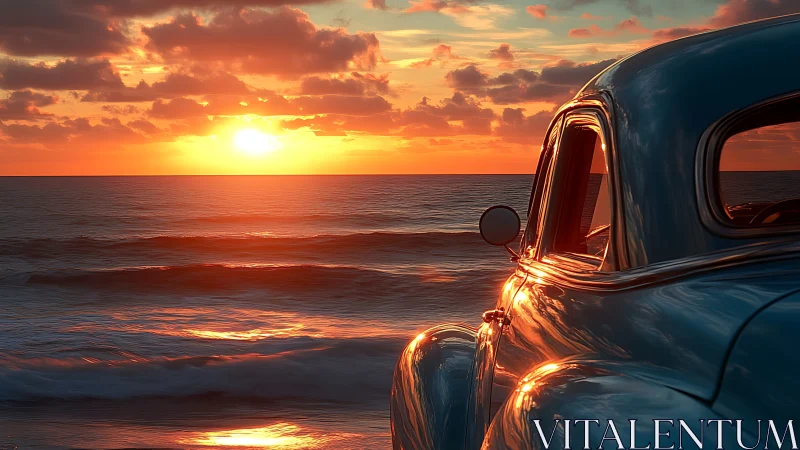Sunset chrome and sea-swept dreams in a vintage coupe glow.