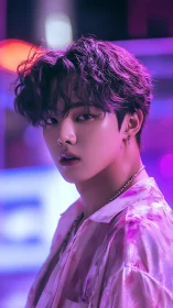 Neon-lit portrait captures soft gaze in glowing magenta haze.