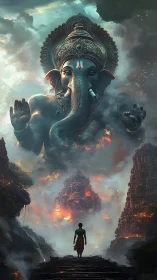 Colossal Ganesh emerges from stormlit ruins of burning shrines.