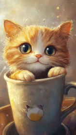 Cozy Kitten in Golden Cup - Warm Digital Fantasy