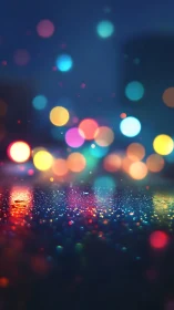 Defocused multicolor city lights reflect on wet pavement