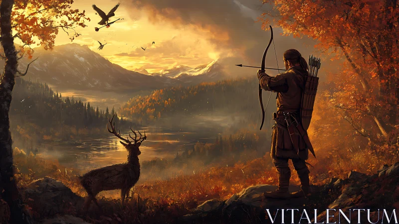 Hunter draws bow over autumn valley in cinematic backlight