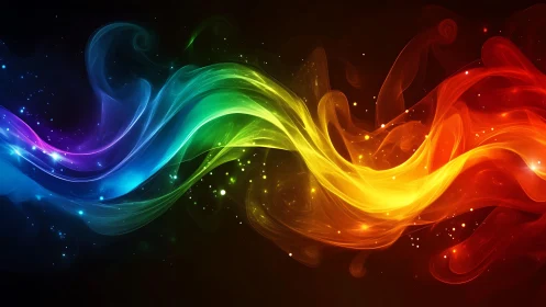 Curved multicolor light waves on dark abstract background.