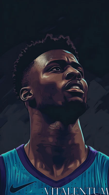 Stylized basketball portrait in confident upward pose.