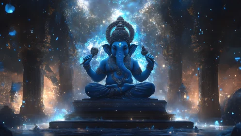 Divine blue Ganesha statue amid glowing cosmic temple.