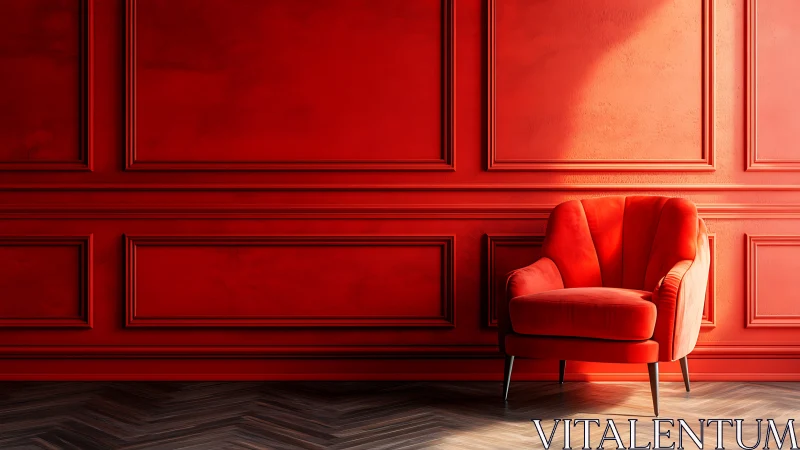 Red upholstered armchair stands before paneled red wall