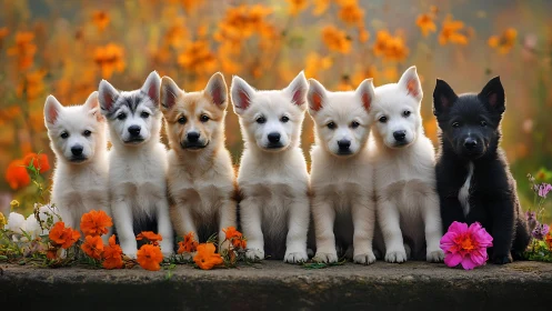 Symmetrically aligned puppies in shallow-depth field floral portrait