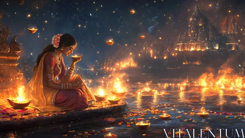 Diwali riverbank with devotional woman, oil lamps, temple lights