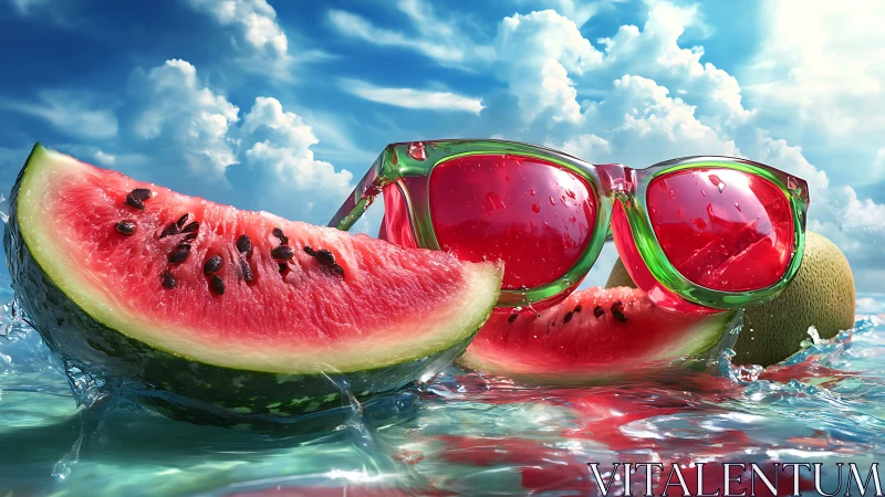 Hydrodynamic watermelon slices with refractive sunglasses focus.