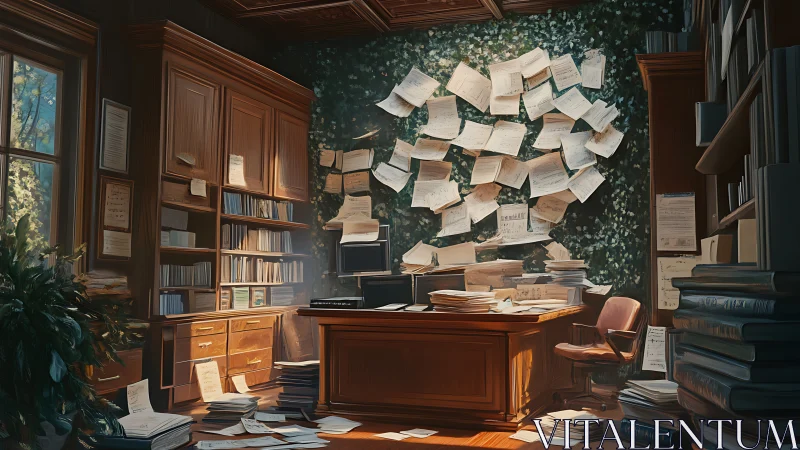 Cozy sunlit study overflowing with notes, books, and ideas.