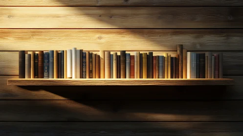 Single wooden shelf of hardback books in raking sunset light