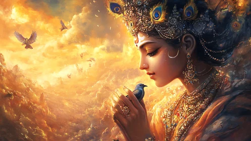 Divine woman in jeweled headdress holds blue bird calmly.