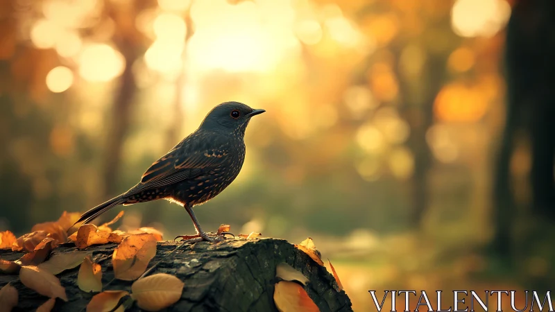 Autumn woodland bird on log in soft golden sunlight, nature photography.