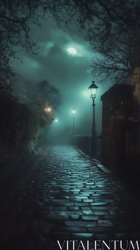 Moonlit fog drapes a silent cobblestone street in teal hush.