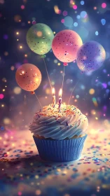 Luminescent Balloons Ascending from Birthday Cupcake with Dynamic Bokeh Lighting