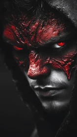 Demonic hooded portrait with red cracked skin and glowing eyes