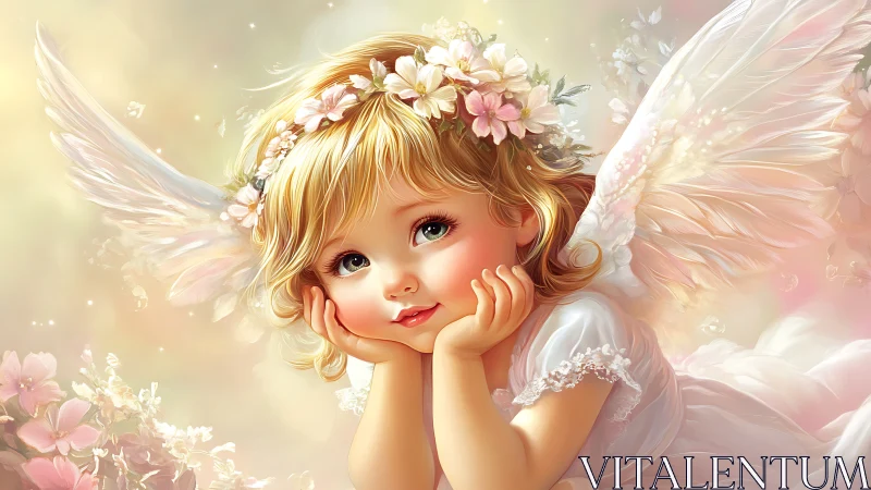 Daydreaming little angel in soft pastel flower clouds.