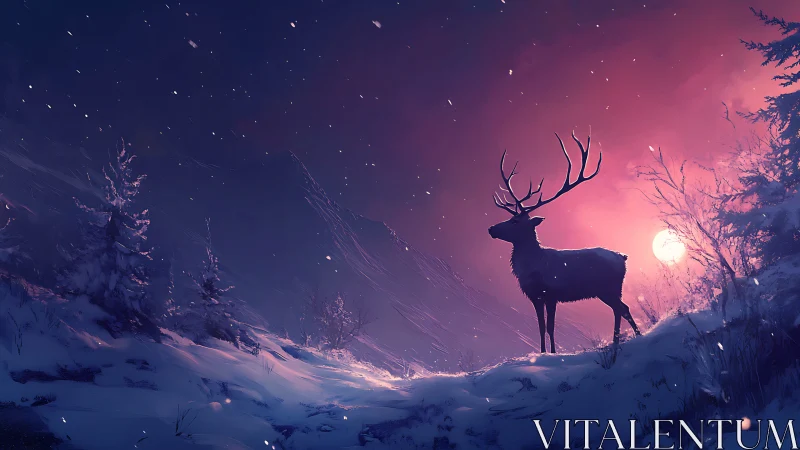 Silhouetted stag stands on snowy ridge under violet night sky