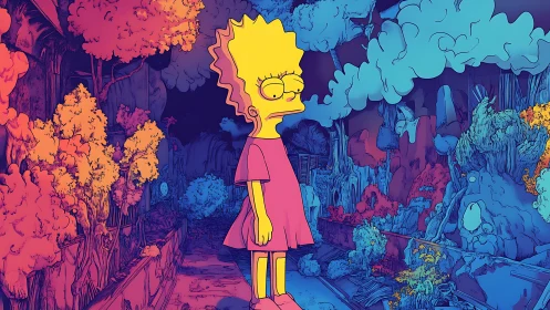 Neon anime character in bioluminescent forest corridor study.