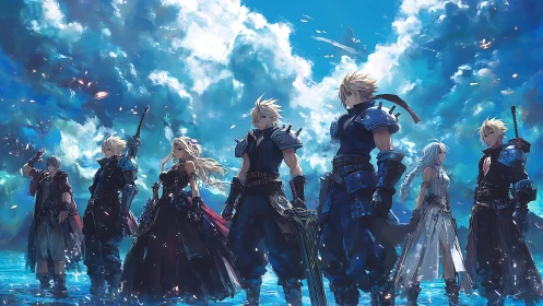 Multiple armored swordsmen stand in shallow water under dynamic clouds