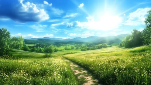 Sunlit country path across wide green summer valley.