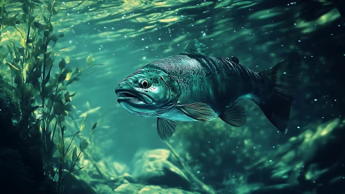 Silver trout glides through teal-lit underwater forest quietly
