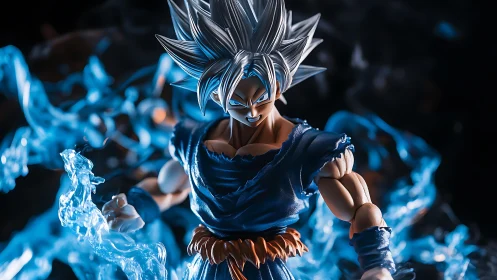 Silver‑haired warrior crackles within a storm of blue power