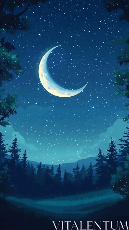 Crescent moon rising above tranquil midnight forest sky.