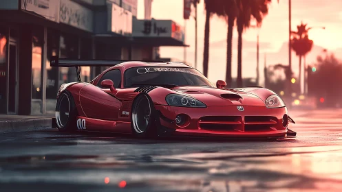 Sunset streets framing sleek red race car stance shot.