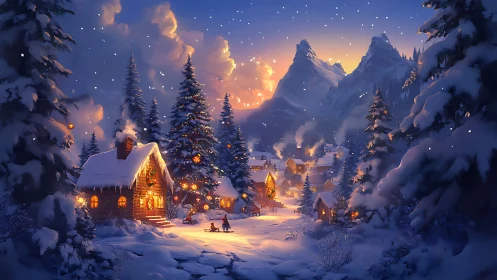 Snowy mountain village with glowing winter cabins at dusk.