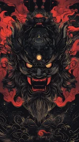 Ornate demonic mask emerges from swirling crimson smoke