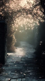 Backlit cobblestone garden path under flowering tree canopy