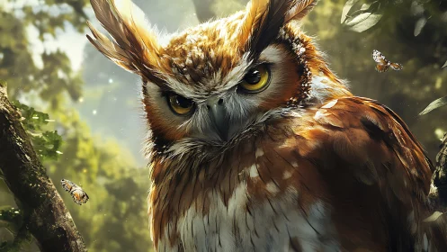 Majestic owl in sunlit forest, hyper-realistic digital art style.